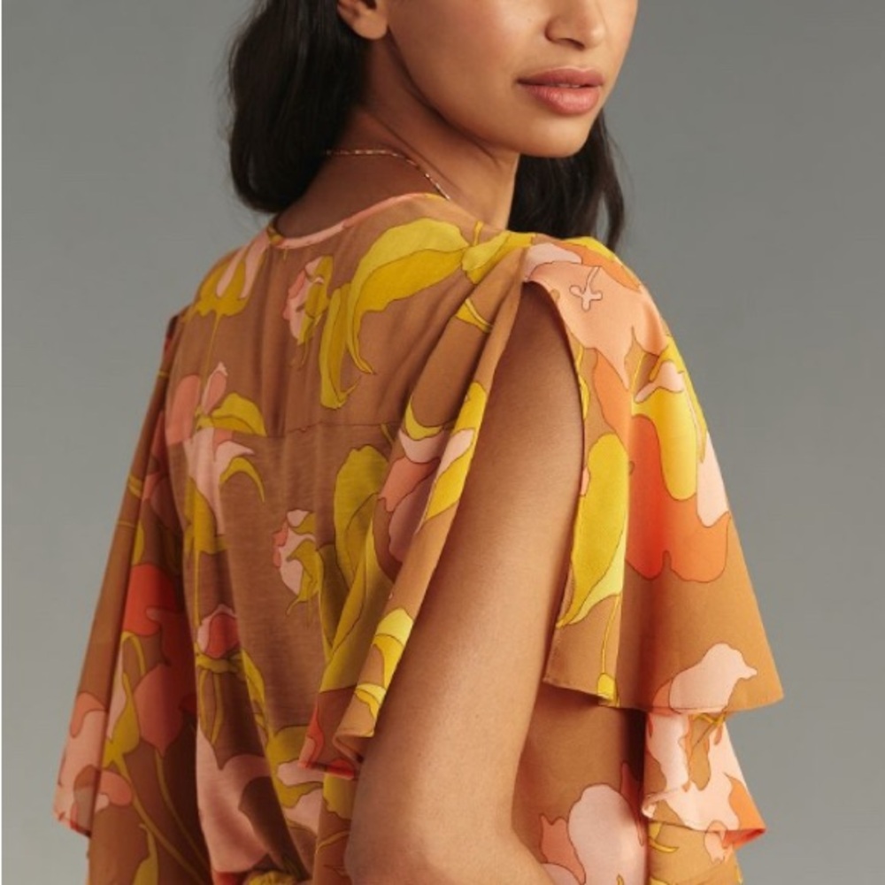 🧡🩷Anthro Tiny Olympia Faux Wrap Top knit bodice chiffon sleeves xxs